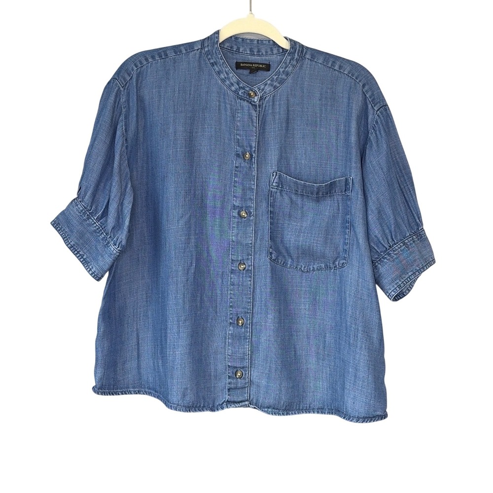 Banana Republic Womens Blue Lyocell‎ Denim Band Collar Short Sleeve Shirt Size M